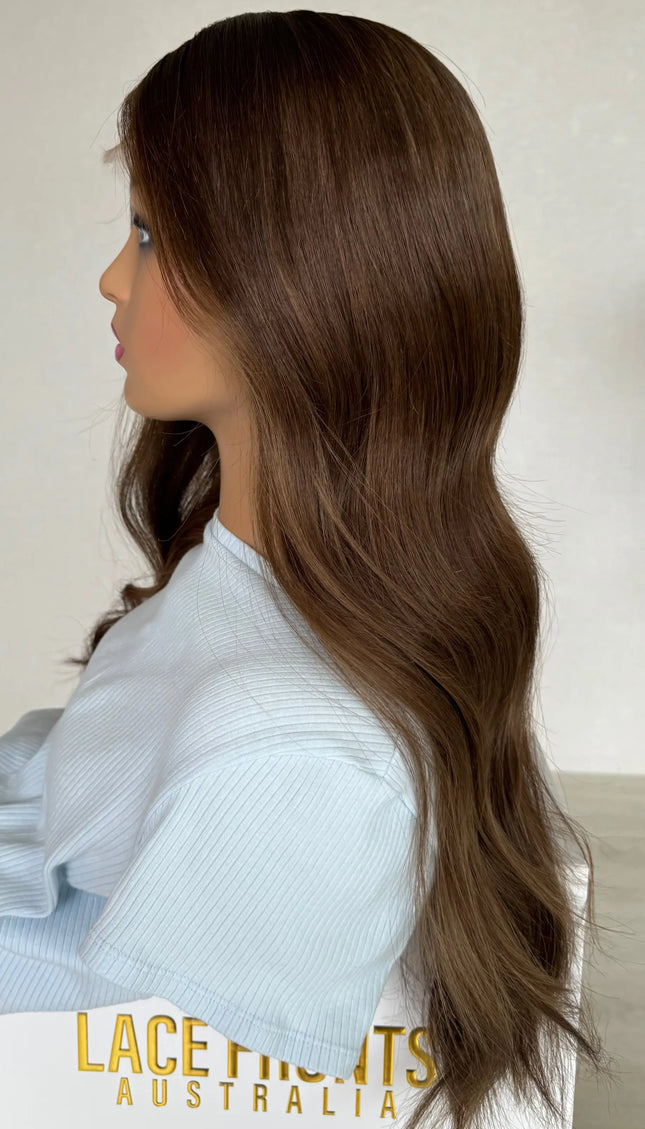 wavy long brunette medical human hair lace wig for women with alopecia, hairloss and going through chemotherapy.