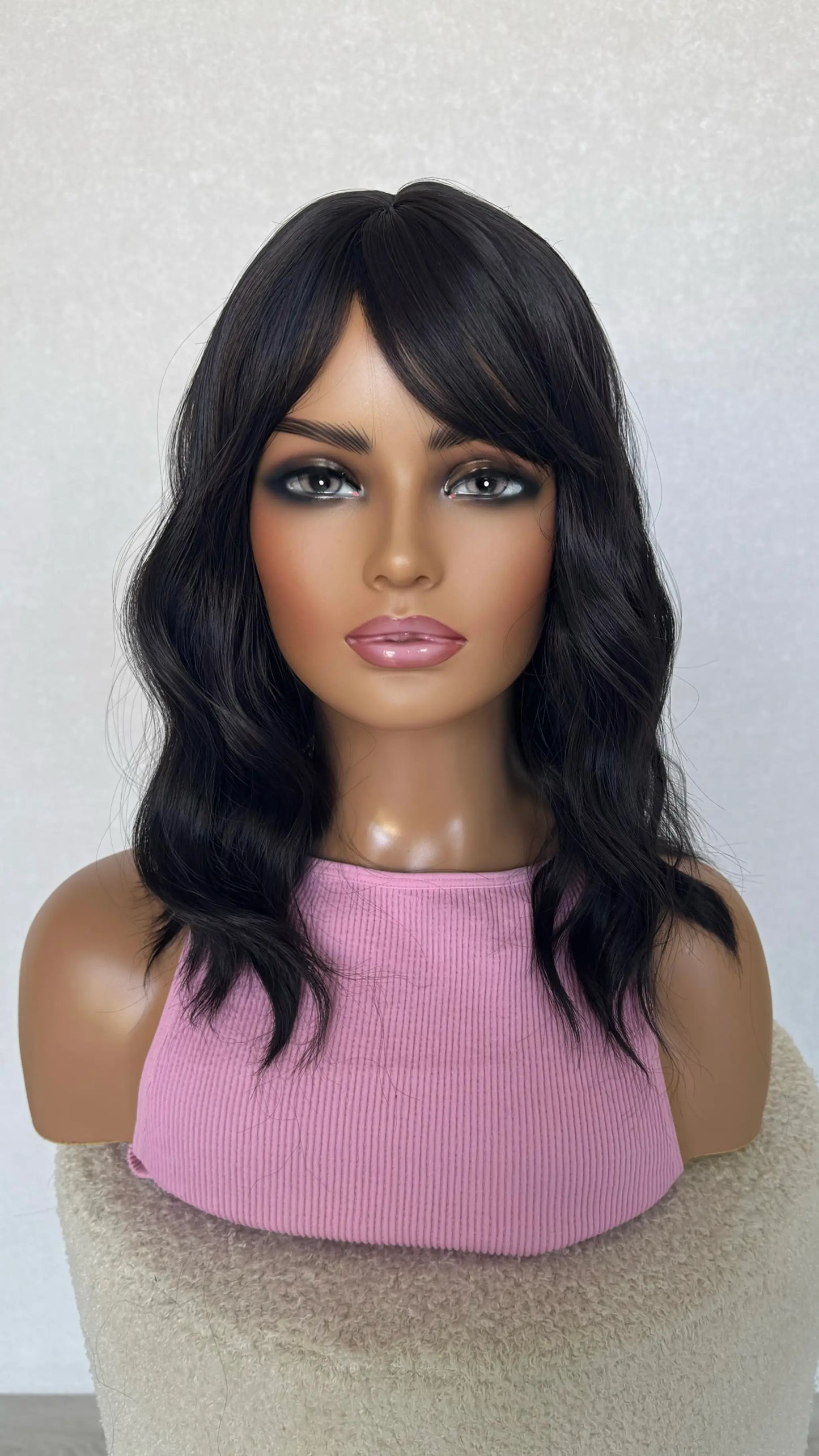 16 inch wavy black fringe wig, australia synthetic wigs.