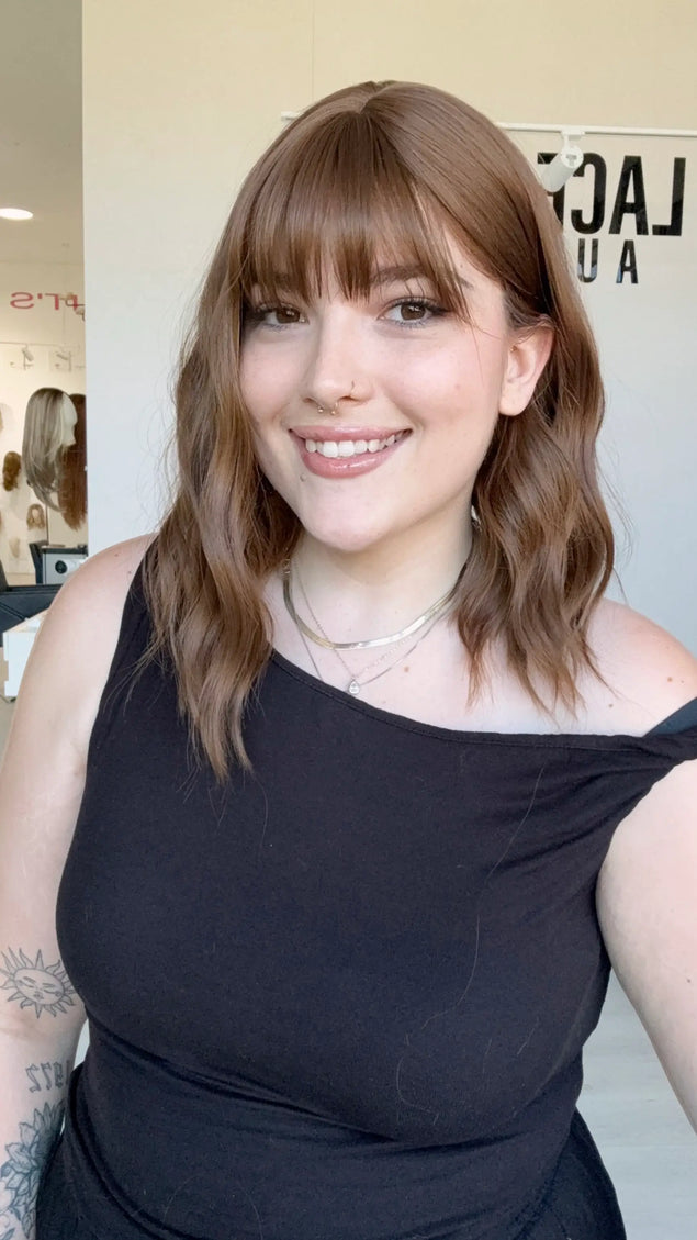 middle part synthetic wig, wavy brown hair wig, heat safe glueless wig, gold coast australia.