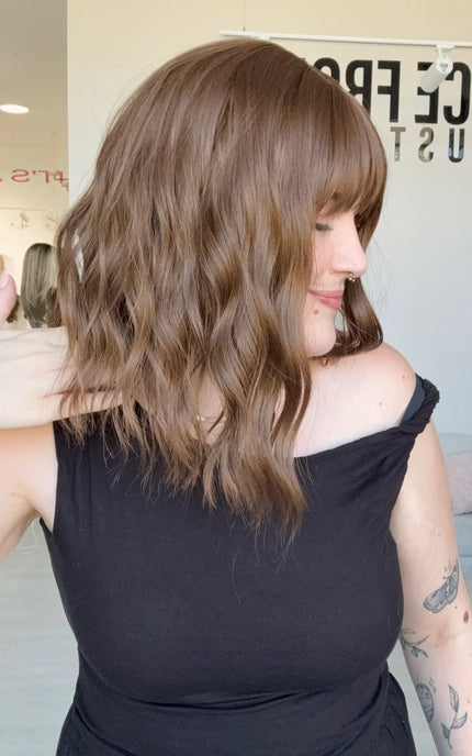 heat safe glueless wig with middle part. fringe synthetic wig with glueless cap design