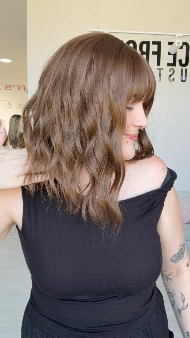 heat safe glueless wig with middle part. fringe synthetic wig with glueless cap design