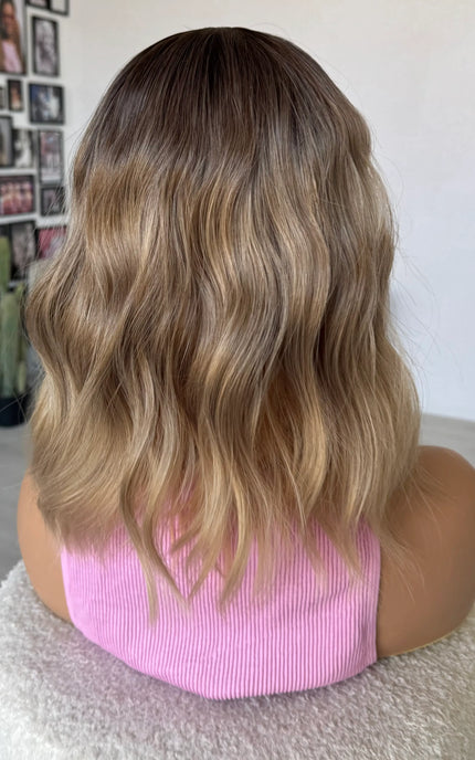 from behind wavy fringe wig ombre hair.