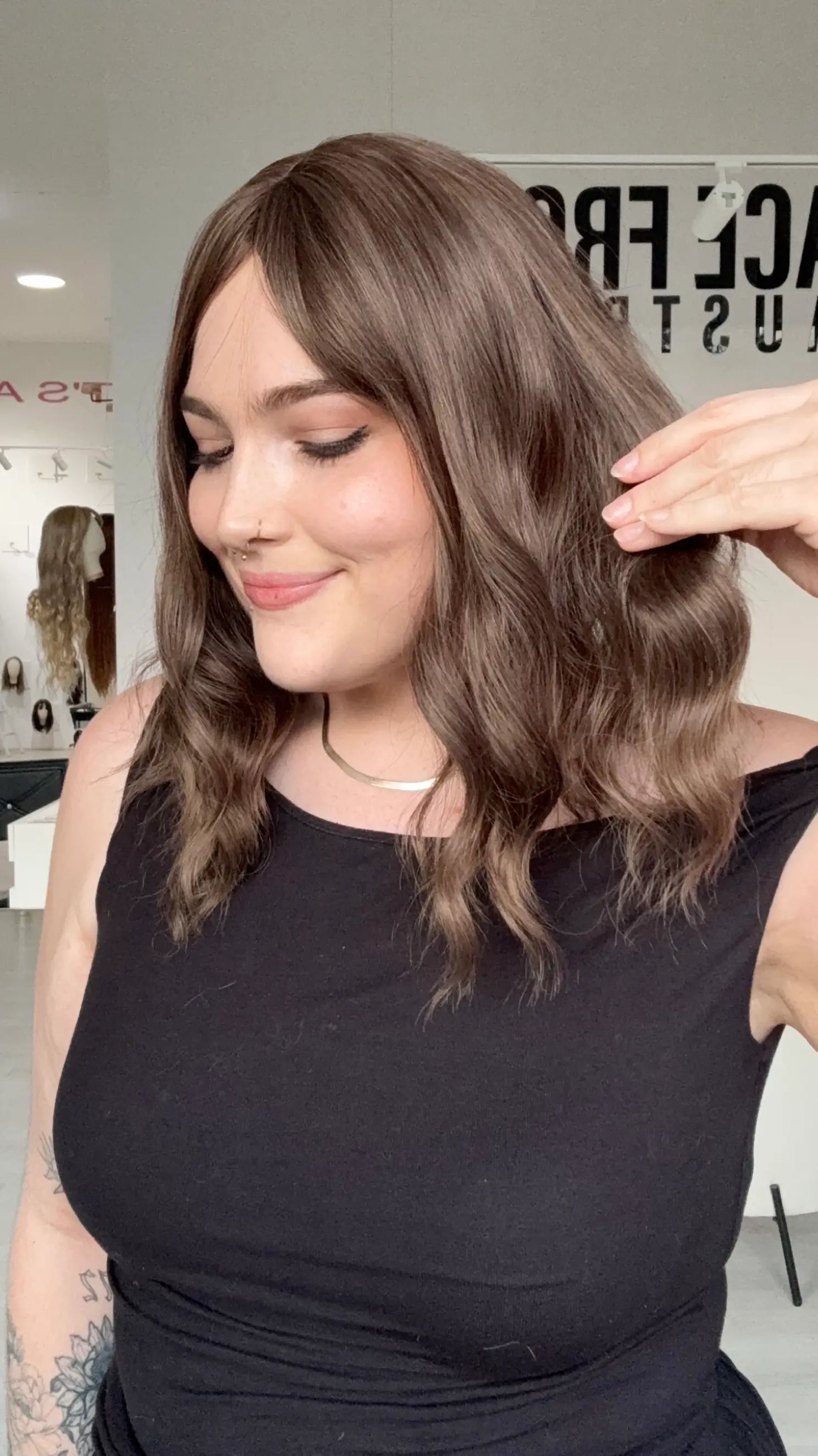 heat safe glueless wig, cool toned brown hair, middle part, gold coast australia.