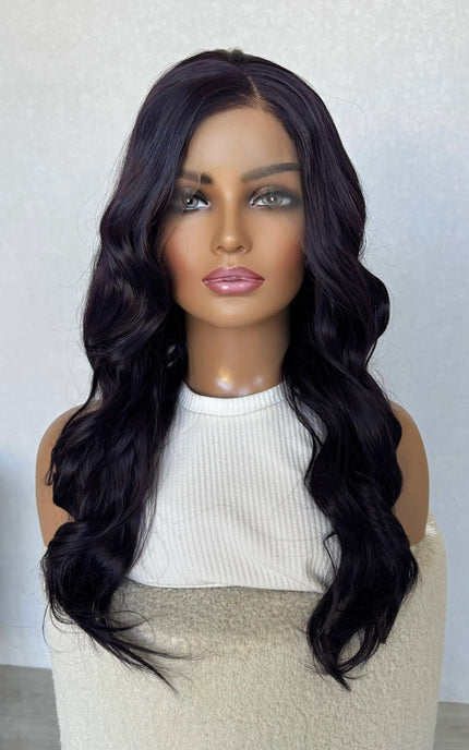 wavy dark purple wig, side part,  heat safe wig.