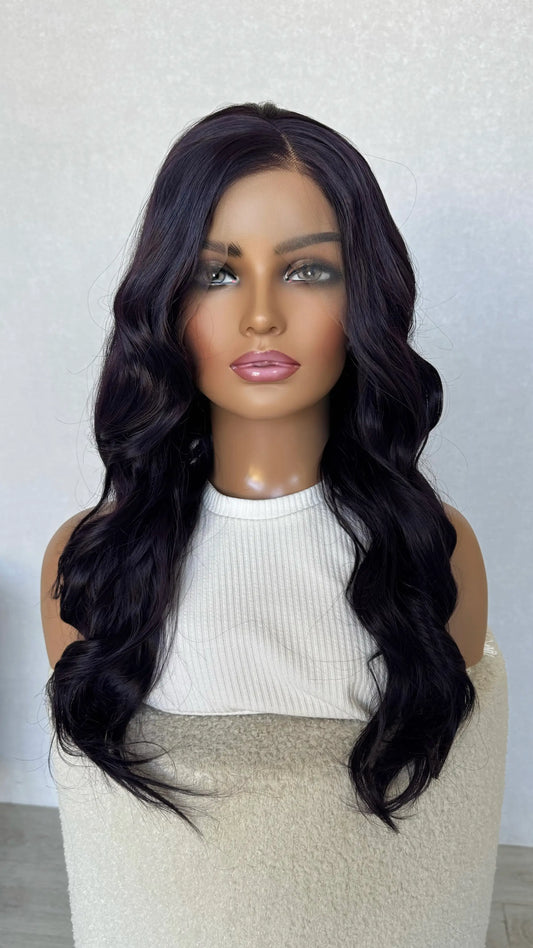 wavy dark purple wig, side part,  heat safe wig.