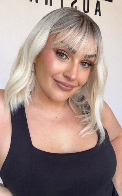 platinum blonde with dark root, middle part with fringe, wavy bob synthetic australia.