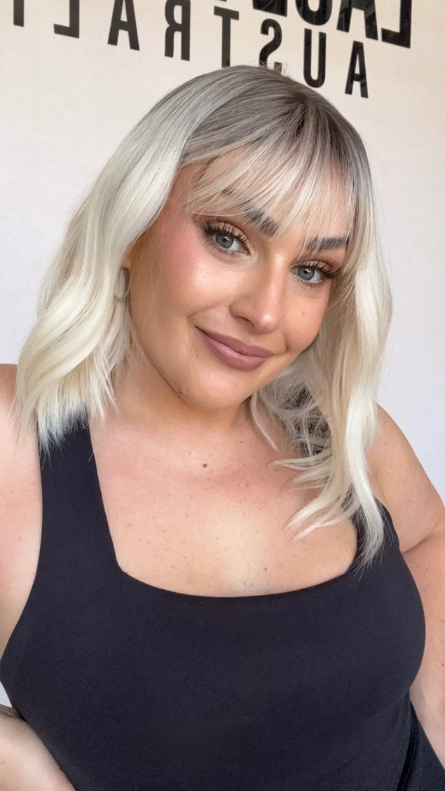 platinum blonde with dark root, middle part with fringe, wavy bob synthetic australia.