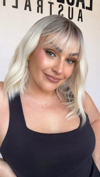 platinum blonde with dark root, middle part with fringe, wavy bob synthetic australia.