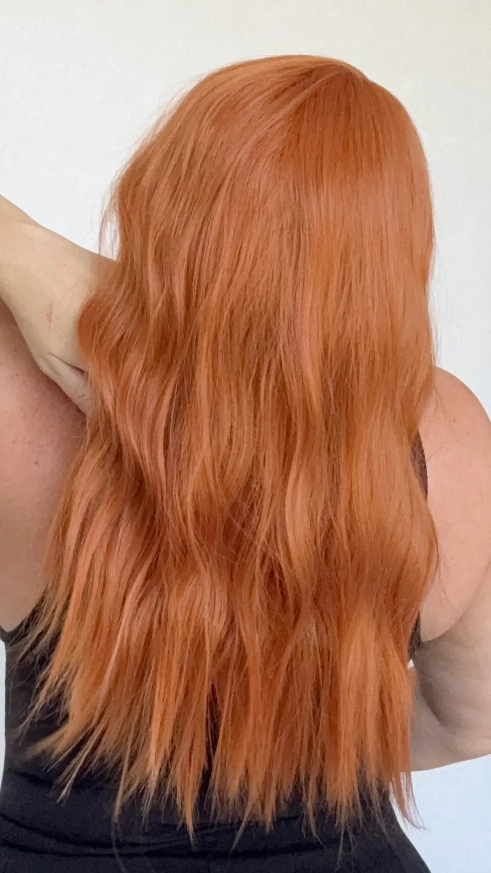 wavy hair bright copper heat safe synthetic wig australia, middle part with fringe.