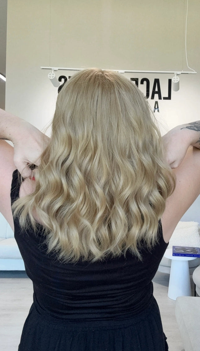 wavy honey blonde hair from back , heat safe hair australia toppers synthetic.