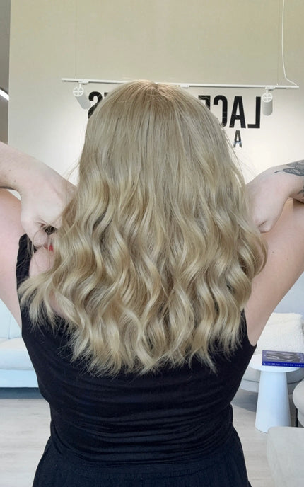 wavy honey blonde hair from back , heat safe hair australia toppers synthetic.