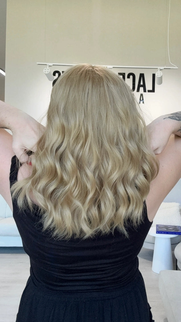 wavy honey blonde hair from back , heat safe hair australia toppers synthetic.