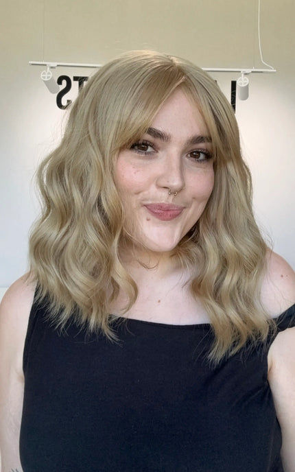honey blonde wavy hair topper with middle part and fringe heat safe toppers australia.