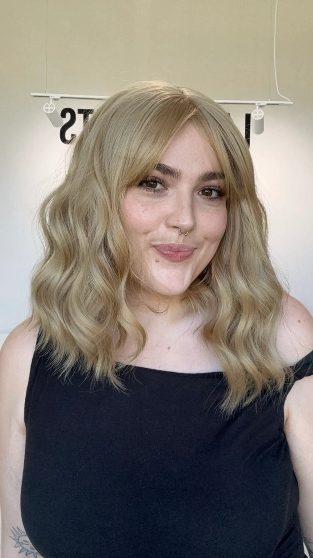 honey blonde wavy hair topper with middle part and fringe heat safe toppers australia.
