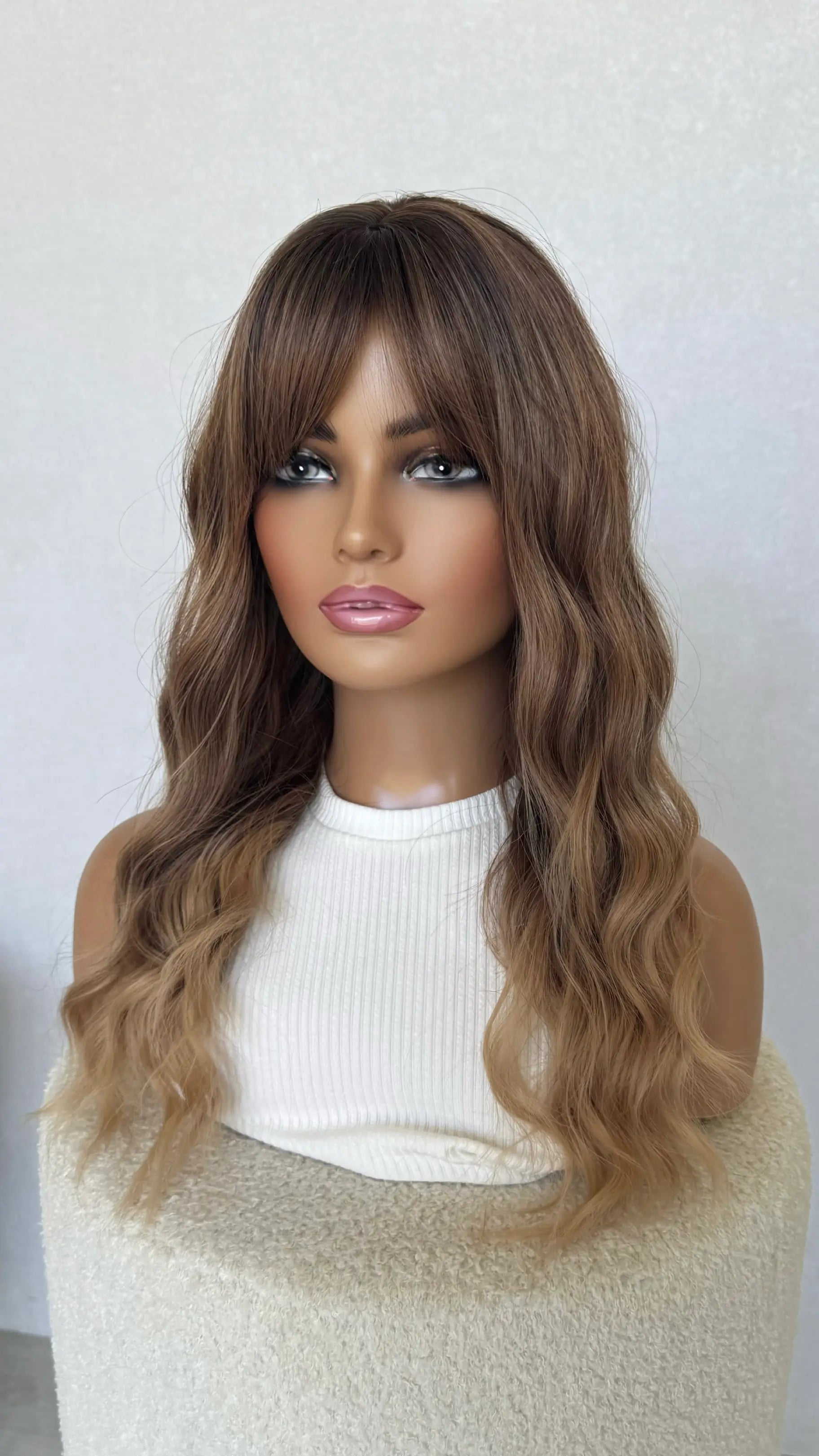 hazel - ombre fringe wig, middle part with wavy hair, heat safe, glueless synthetic wig australia.