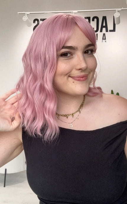 fringe pink hair synthetic, glueless cap with middle part, heat safe hair gold coast australia wigs.