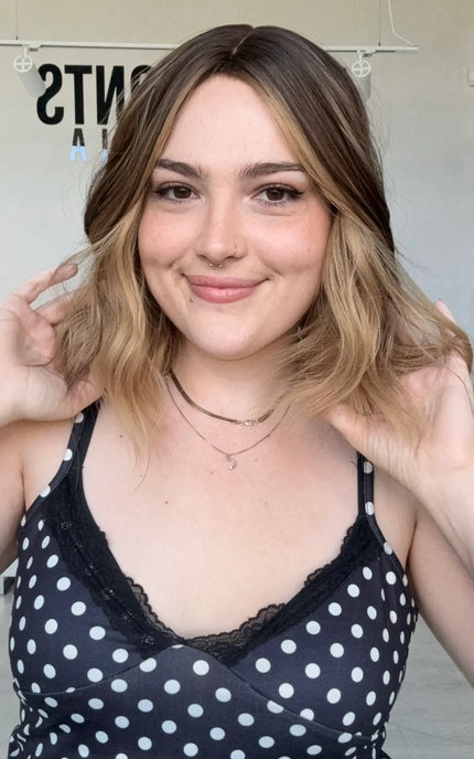 glueless brunette and blonde wavy bob wig for hairloss, heat safe hair and glueless cap. perfect for beginners.