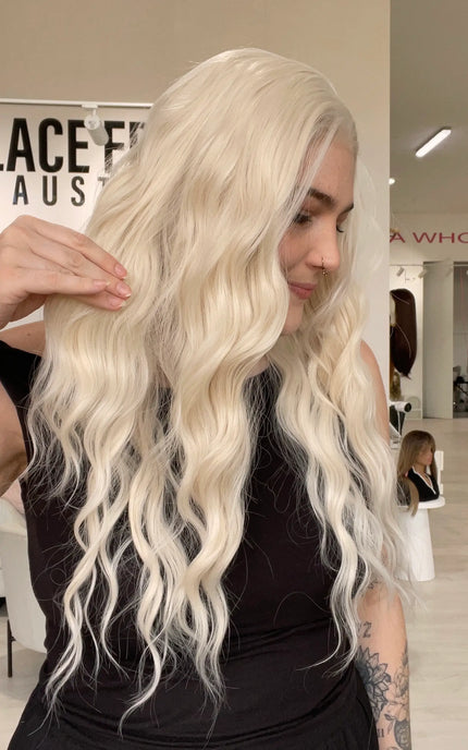 lace front heat safe hair white blonde wig, wavy hair lace front wig, gold coast, australia.
