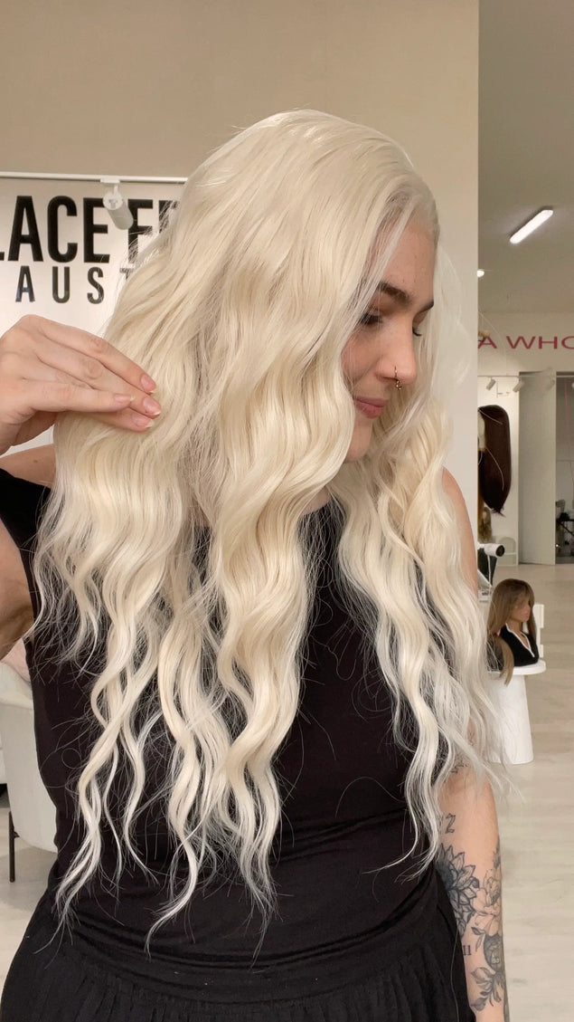 lace front heat safe hair white blonde wig, wavy hair lace front wig, gold coast, australia.
