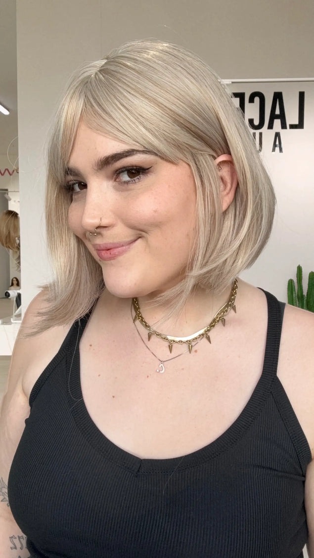 natural blonde synthetic wig australia, heat safe fibres with middle part and glueless cap, ready to wear wigs, gold coast australia.