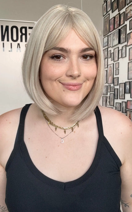 middle part white blonde fringe bob, heat safe hair, white blonde with fringe.