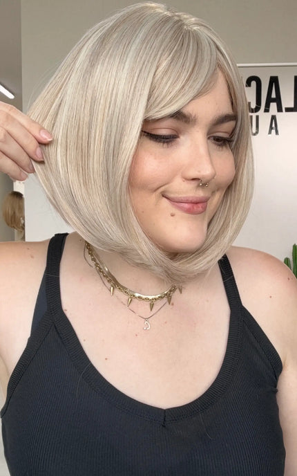 white blonde bob with fringe, heat safe synthetic, middle part, synthetic wig gold coast australia.