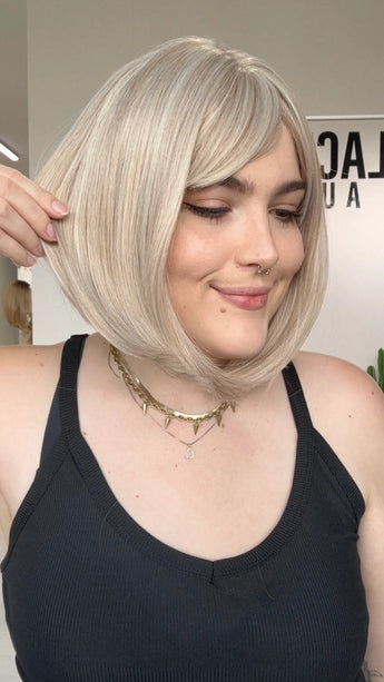 white blonde bob with fringe, heat safe synthetic, middle part, synthetic wig gold coast australia.