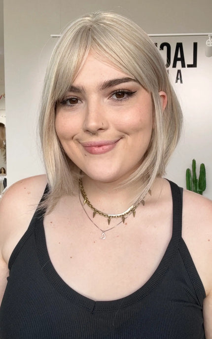 heat safe white blonde bob fringe synthetic wig, glueless wig, ready to wear, gold coast, australia.