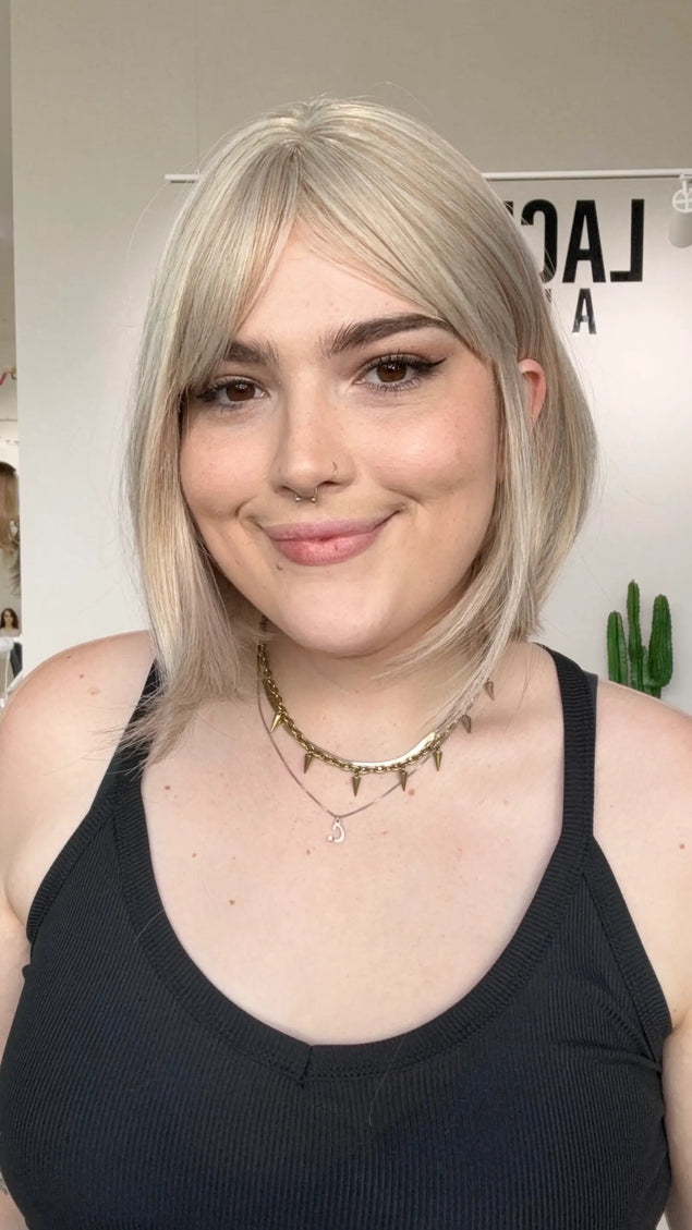 heat safe white blonde bob fringe synthetic wig, glueless wig, ready to wear, gold coast, australia.