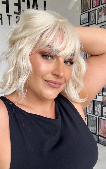 white blonde wavy hair 10 inch bob, heat safe glueless synthetic toppers australia.