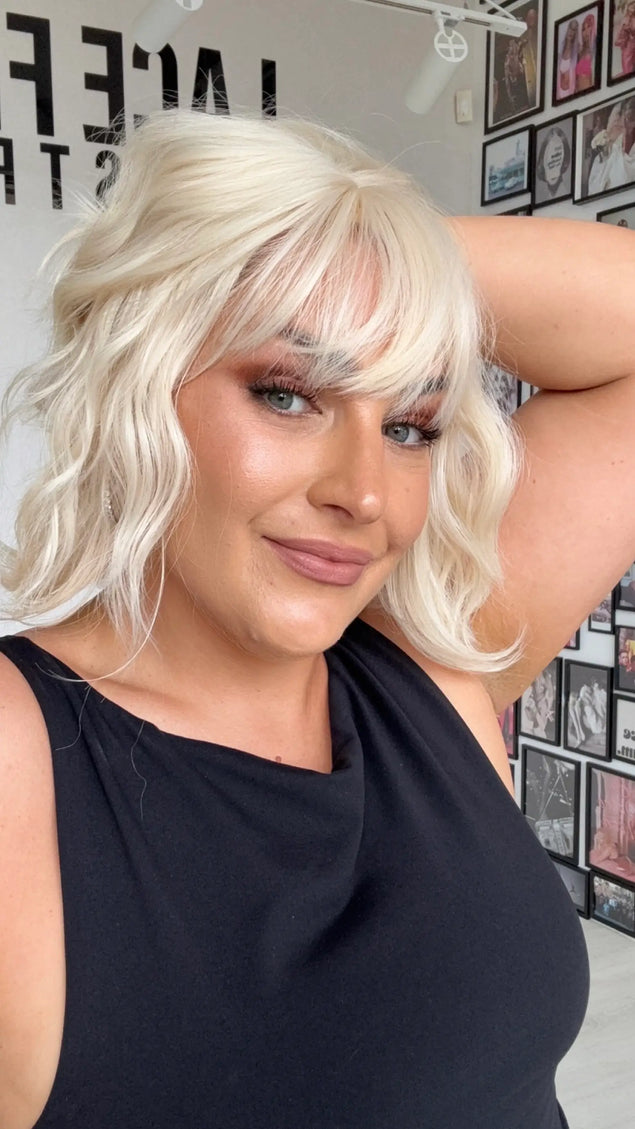 white blonde wavy hair 10 inch bob, heat safe glueless synthetic toppers australia.
