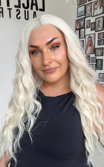 heat safe glueless wig, lace ear to ear, white platinum blonde hair.