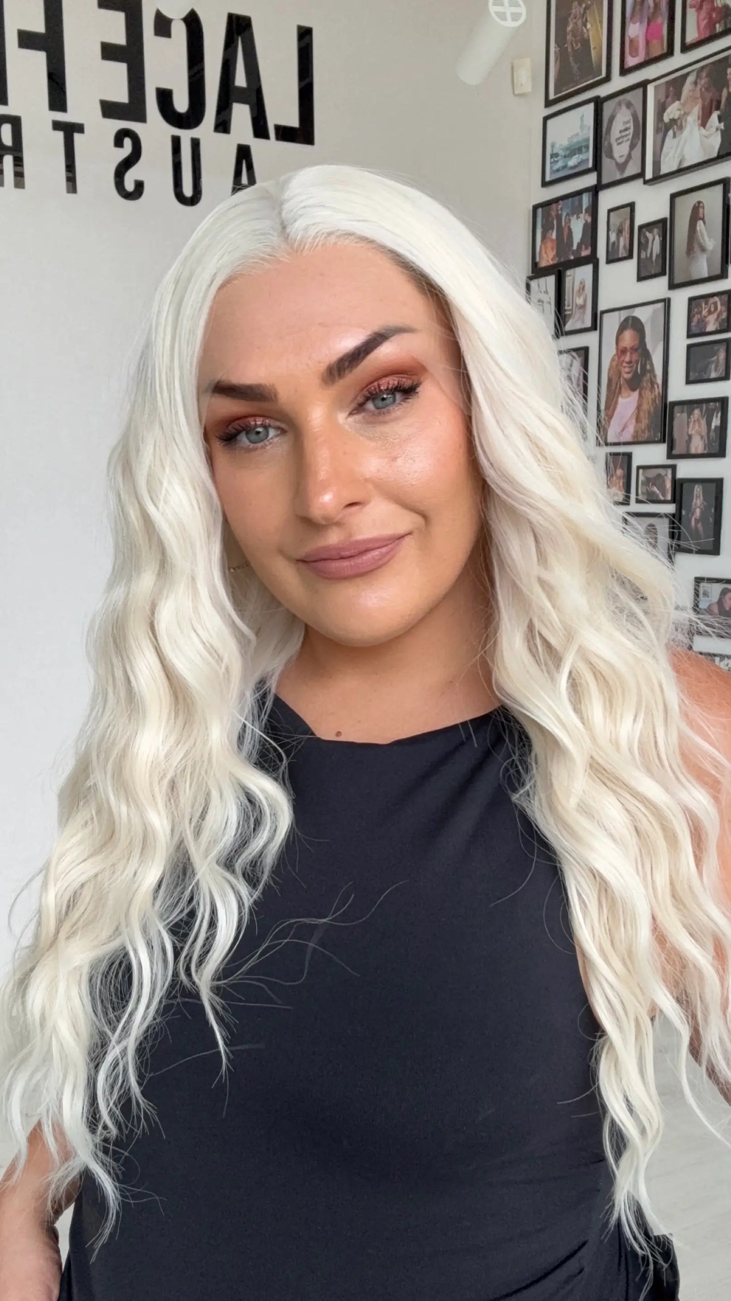 heat safe glueless wig, lace ear to ear, white platinum blonde hair.