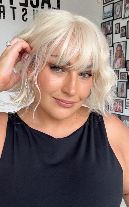 10 inch wavy hair wig middle part with fringe, white platinum blonde hair topper, gold coast australia.