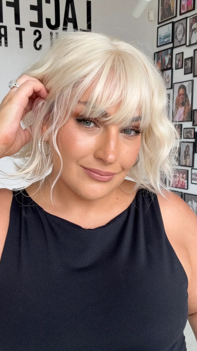 10 inch wavy hair wig middle part with fringe, white platinum blonde hair topper, gold coast australia.