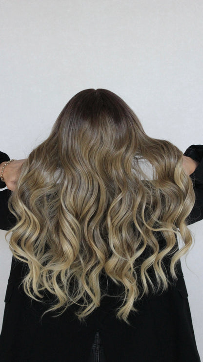 latte synthetic wig from behind.