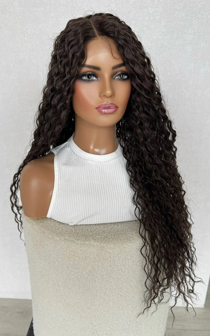 long curly brown hair, middle part, lacefront middle part 26 inch wig.
