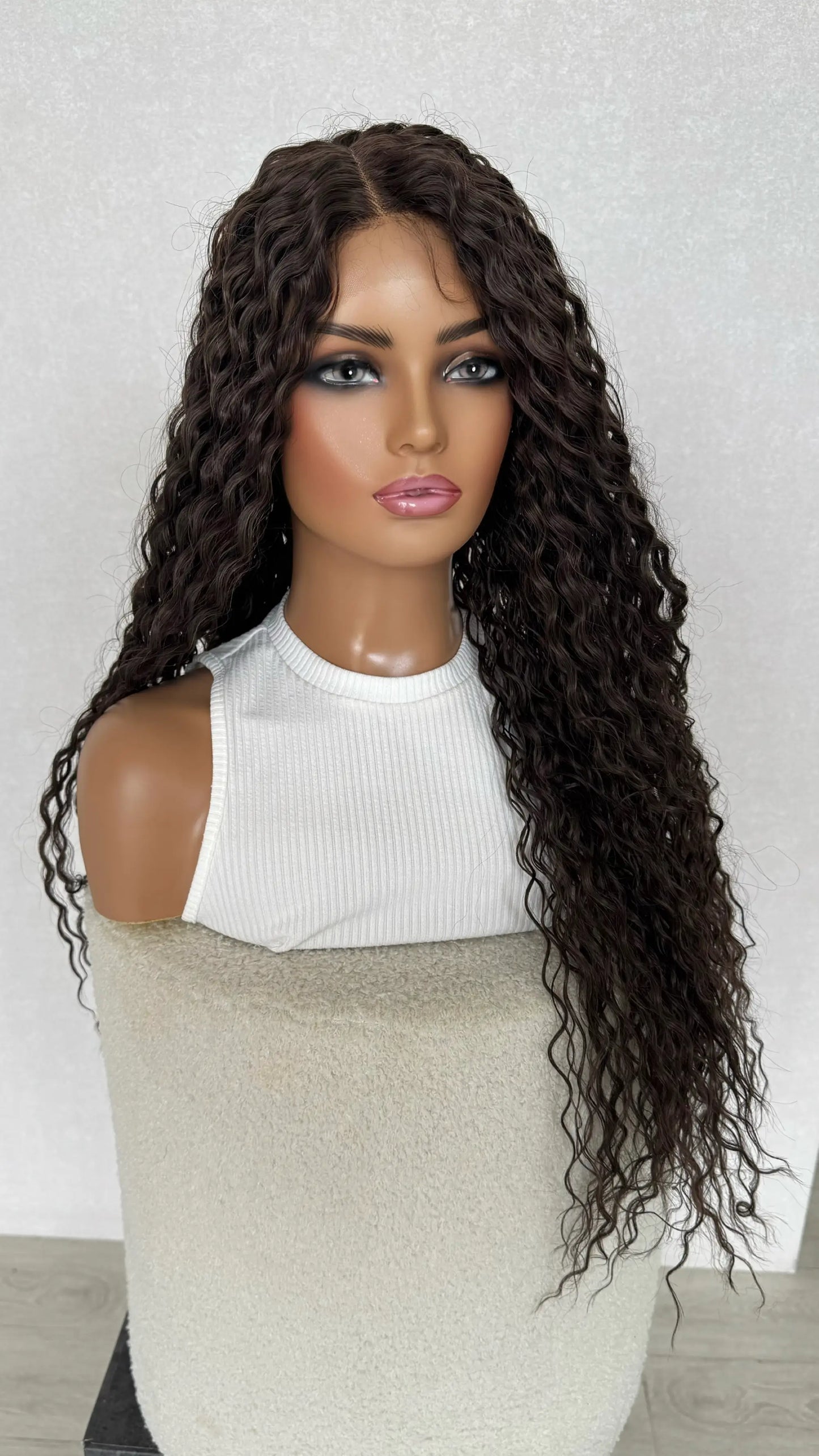 long curly brown hair, middle part, lacefront middle part 26 inch wig.
