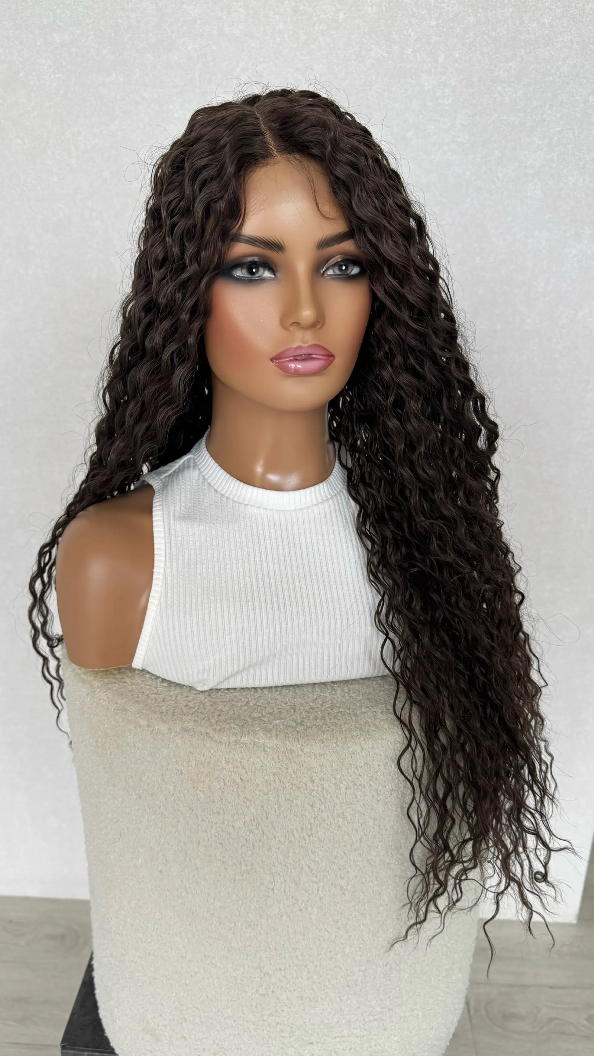 long curly brown hair, middle part, lacefront middle part 26 inch wig.