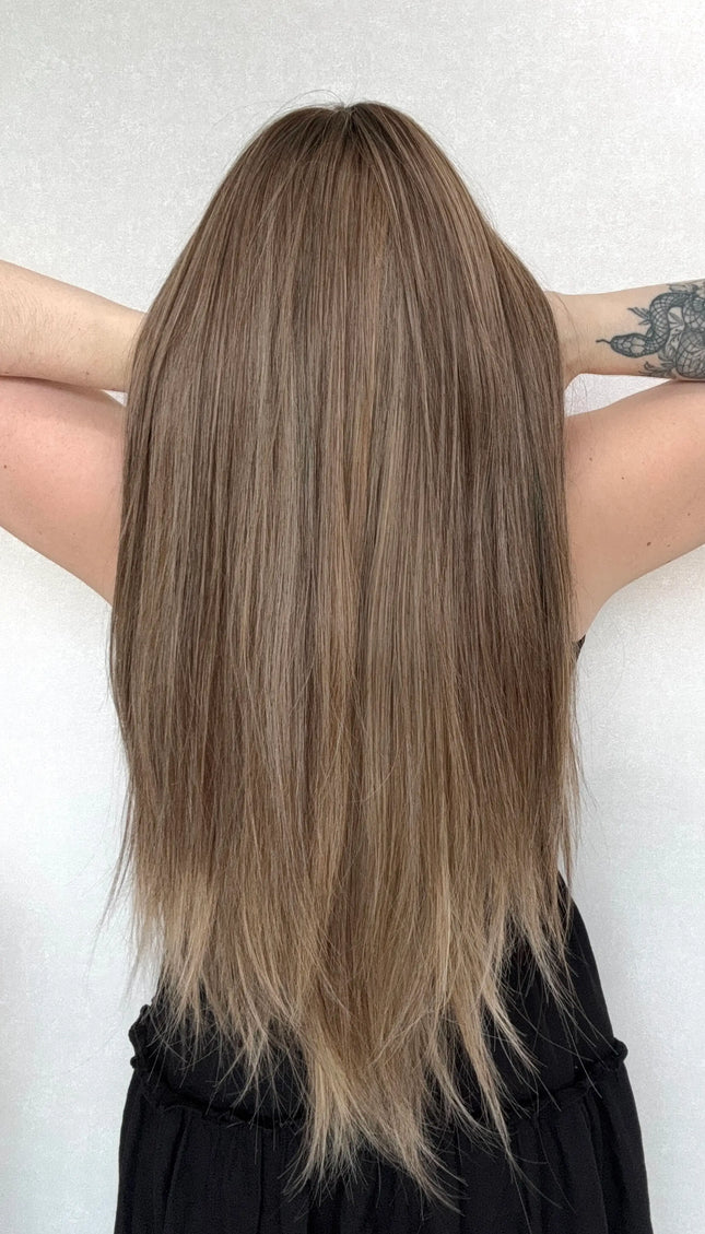 holding hair back view, long synthetic wig australia.