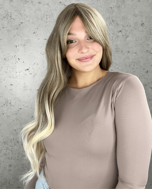 Ash Blonde Balayage Luxe Synthetic Wig with Fringe – Tiffany