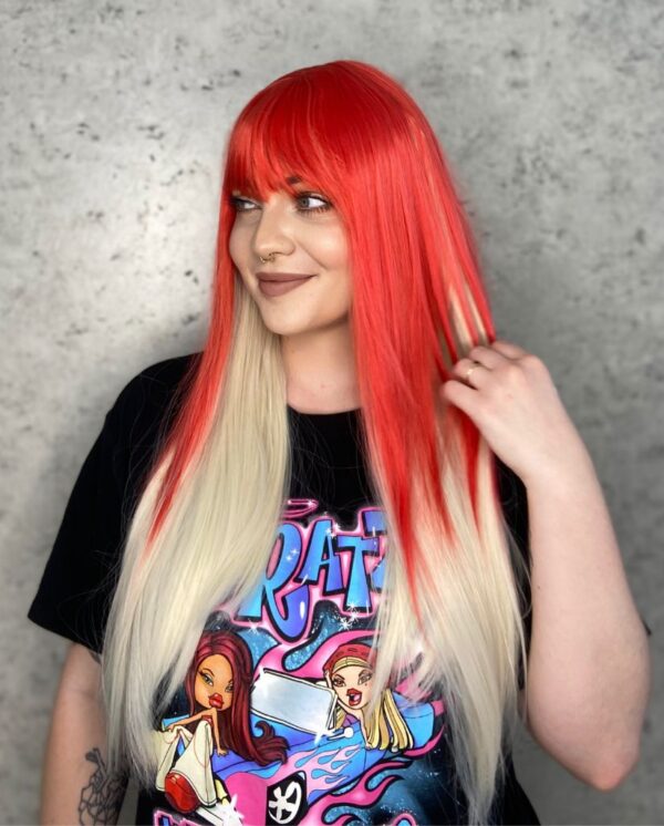 Lacefronts red luxe synthetic wig with bangs fire and ice