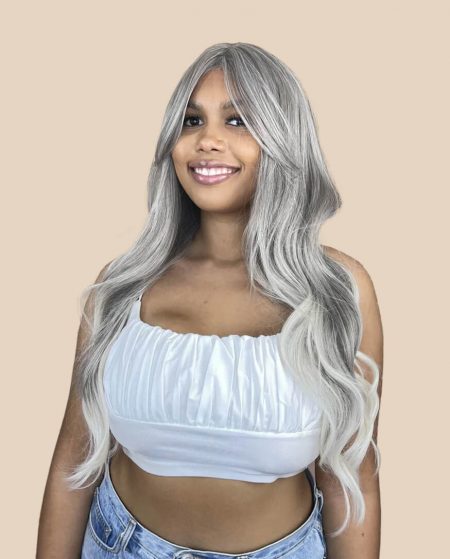 Lacefronts grey silver luxe synthetic wig with curtain bangs take the crown