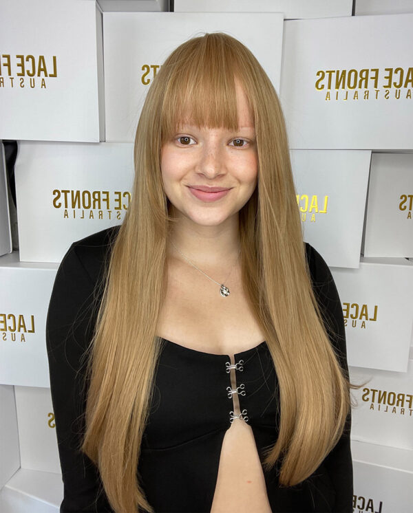 Lacefronts beige blonde luxe synthetic medical wig with bangs hot girl summer
