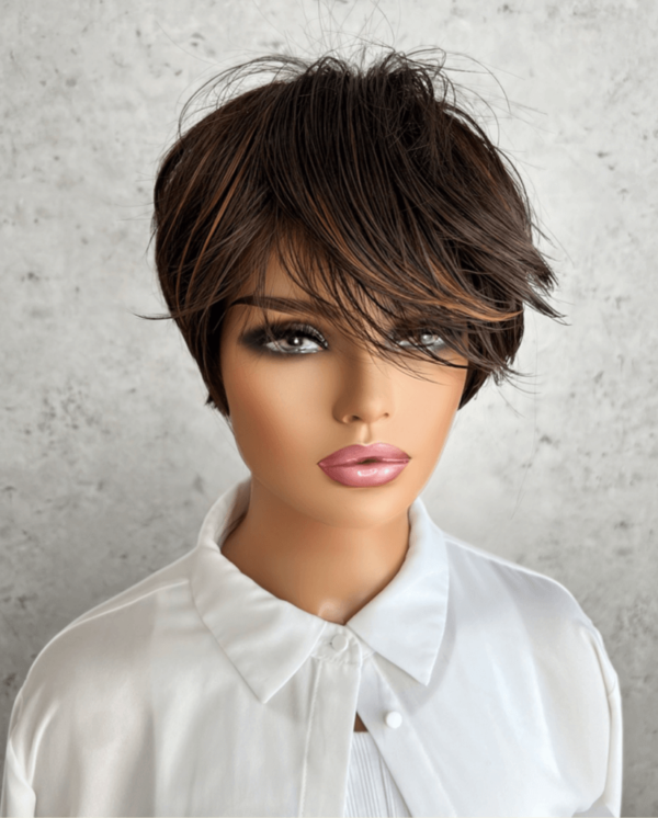 Short Dark Chocolate Brunette with Caramel Highlights Luxe Synthetic Wig - Deena