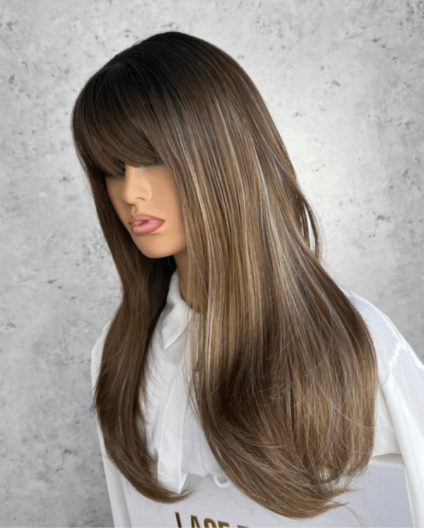 Mocha Brunette with Highlights Luxe Synthetic Wig with Fringe – Amy