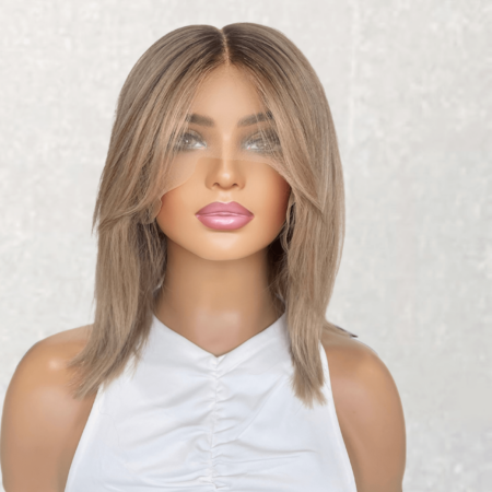 Glueless Lace Front Human Hair Wig Blonde Balayage Curtain Bangs Wig 14 Inch - Summer