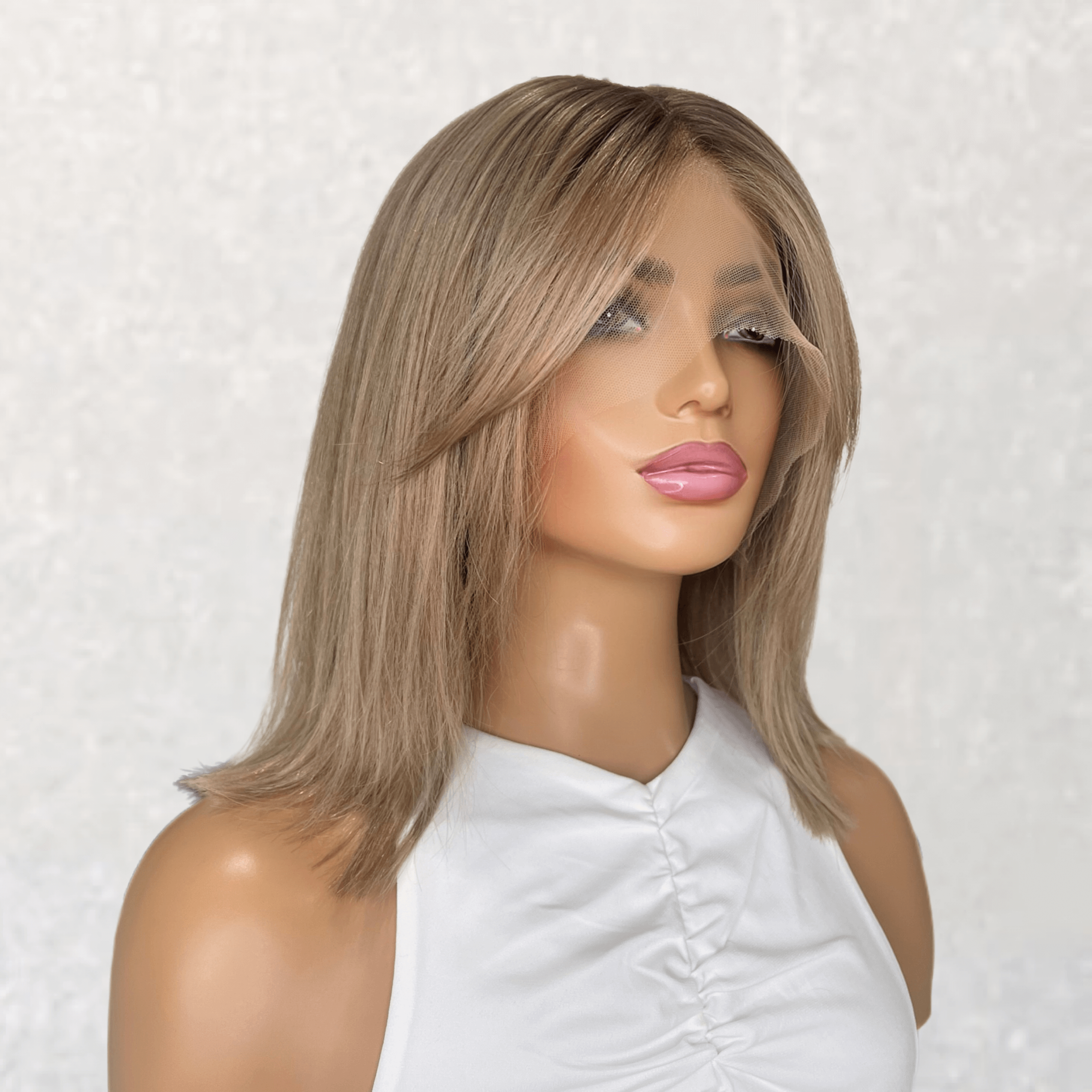 Glueless Lace Front Human Hair Wig Blonde Balayage Curtain Bangs Wig 14 Inch - Summer