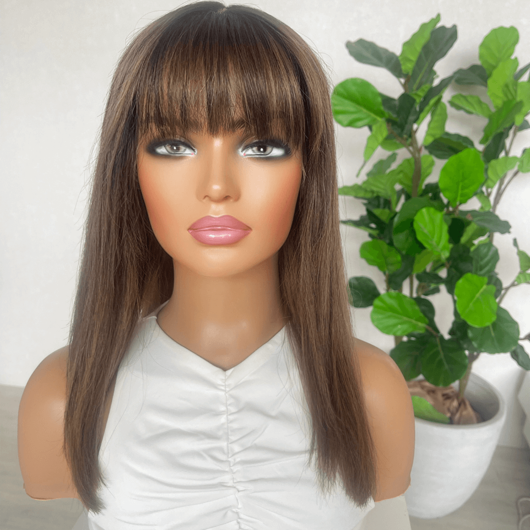 Created in Australia: Brown Lace Front Human Hair Wig with Fringe 18" - Aria