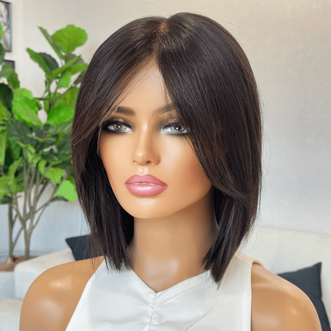 Darkest Brown with Curtain Bangs Lace Front Human Hair Wig 12" – Koko